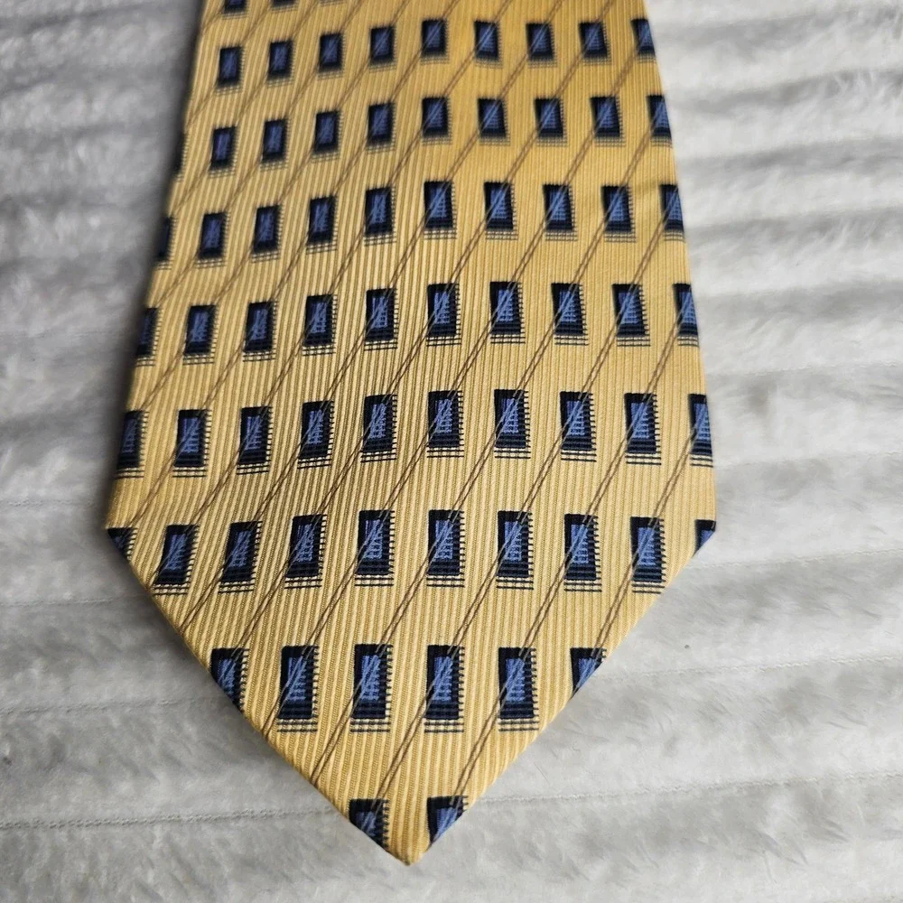 Valerio Garati Mens 100% Silk Geometric Tie Gold Blue Black 59in Handmade